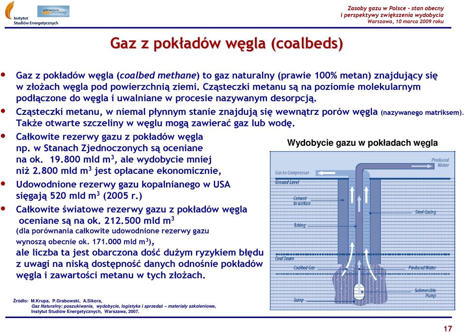 Cząsteczki metanu, w niemal płynnym stanie znajdują się wewnątrz porów węgla (nazywanego matriksem). TakŜe otwarte szczeliny w węglu mogą zawierać gaz lub wodę.