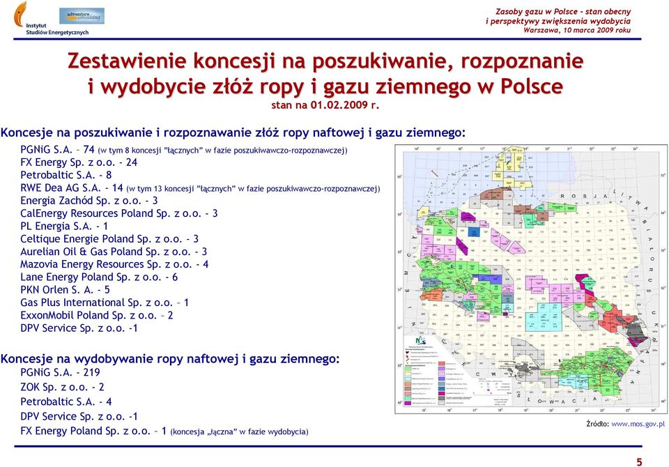 A. - 14 (w tym 13 koncesji łącznych w fazie poszukiwawczo-rozpoznawczej) Energia Zachód Sp. z o.o. - 3 CalEnergy Resources Poland Sp. z o.o. - 3 PL Energia S.A. - 1 Celtique Energie Poland Sp. z o.o. - 3 Aurelian Oil & Gas Poland Sp.