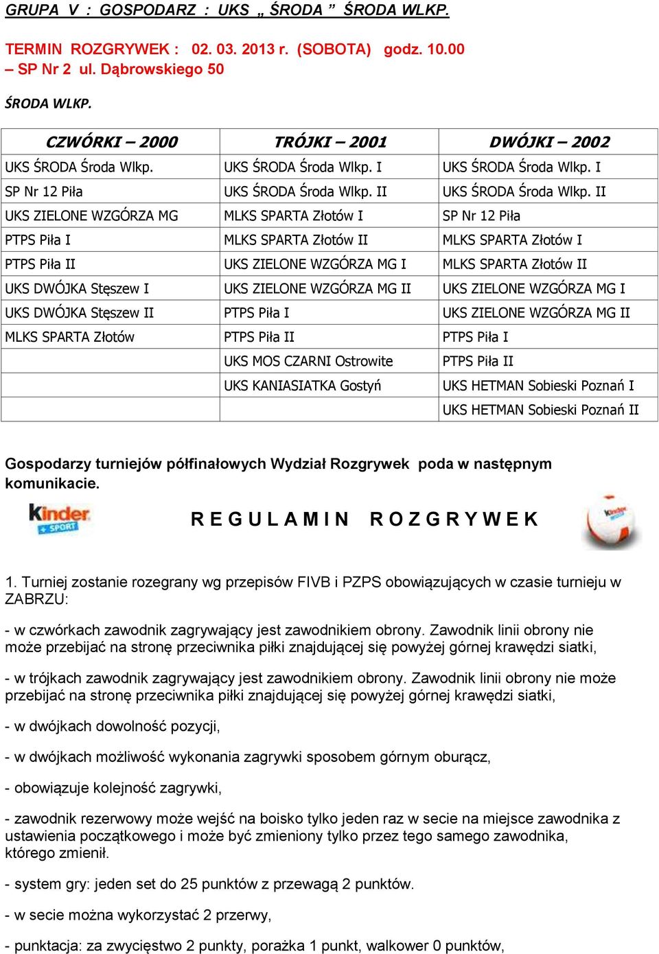 II UKS ZIELONE WZGÓRZA MG MLKS SPARTA Złotów I SP Nr 12 Piła PTPS Piła I MLKS SPARTA Złotów II MLKS SPARTA Złotów I PTPS Piła II UKS ZIELONE WZGÓRZA MG I MLKS SPARTA Złotów II UKS DWÓJKA Stęszew I