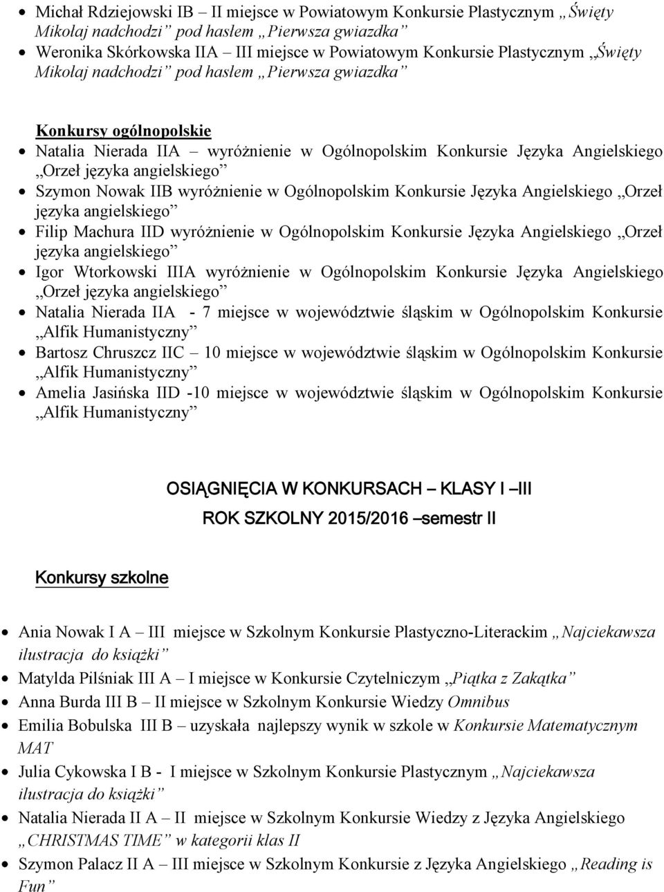 wyróżnienie w Ogólnopolskim Konkursie Języka Angielskiego Orzeł języka angielskiego Filip Machura IID wyróżnienie w Ogólnopolskim Konkursie Języka Angielskiego Orzeł języka angielskiego Igor