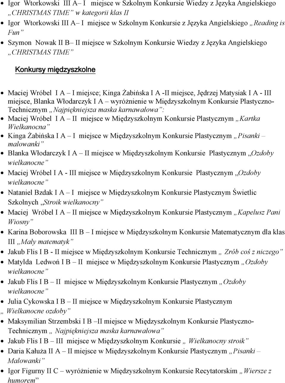 Matysiak I A - III miejsce, Blanka Włodarczyk I A wyróżnienie w Międzyszkolnym Konkursie Plastyczno- Technicznym Najpiękniejsza maska karnawałowa : Maciej Wróbel I A II miejsce w Międzyszkolnym