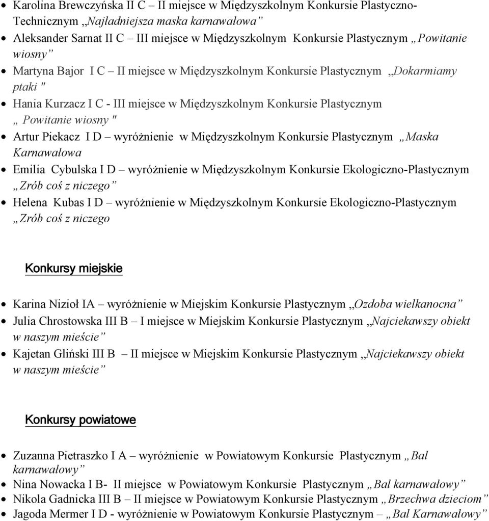 Piekacz I D wyróżnienie w Międzyszkolnym Konkursie Plastycznym Maska Karnawałowa Emilia Cybulska I D wyróżnienie w Międzyszkolnym Konkursie Ekologiczno-Plastycznym Zrób coś z niczego Helena Kubas I D