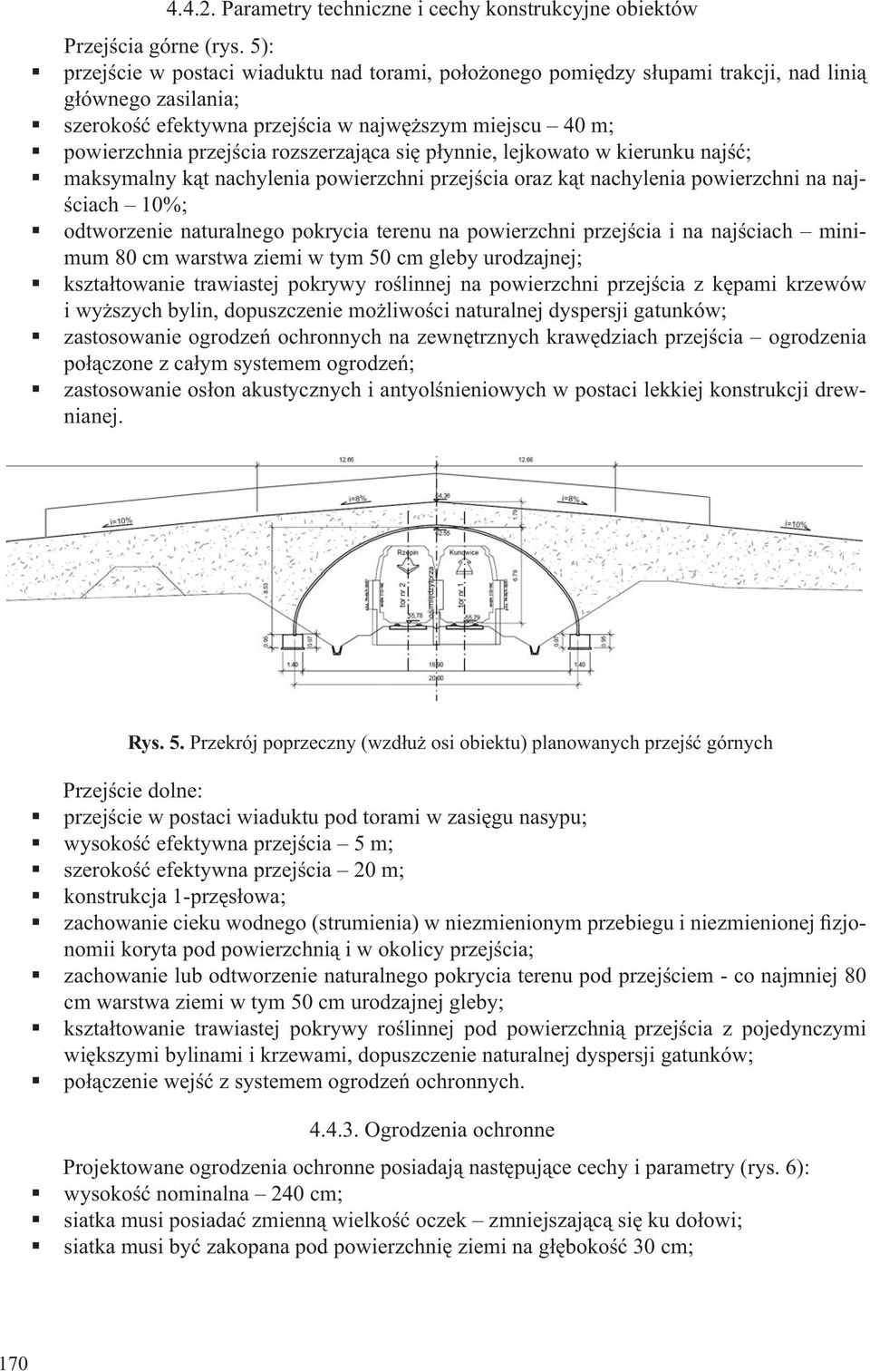 rozszerzająca się płynnie, lejkowato w kierunku najść; maksymalny kąt nachylenia powierzchni przejścia oraz kąt nachylenia powierzchni na najściach 10%; odtworzenie naturalnego pokrycia terenu na