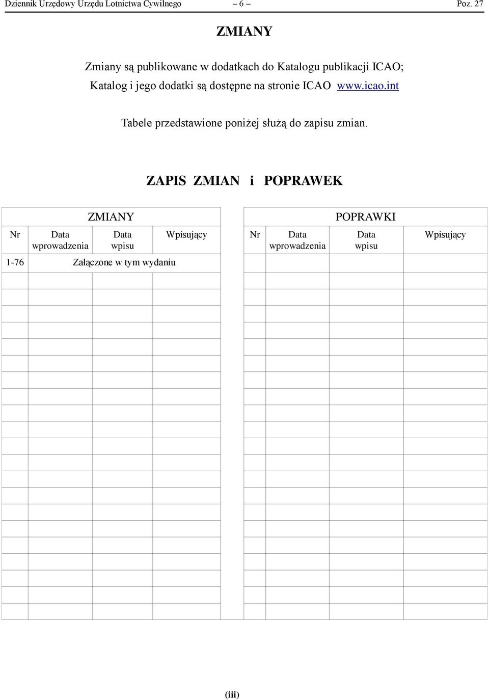 dostępne na stronie ICAO www.icao.int Tabele przedstawione poniżej służą do zapisu zmian.