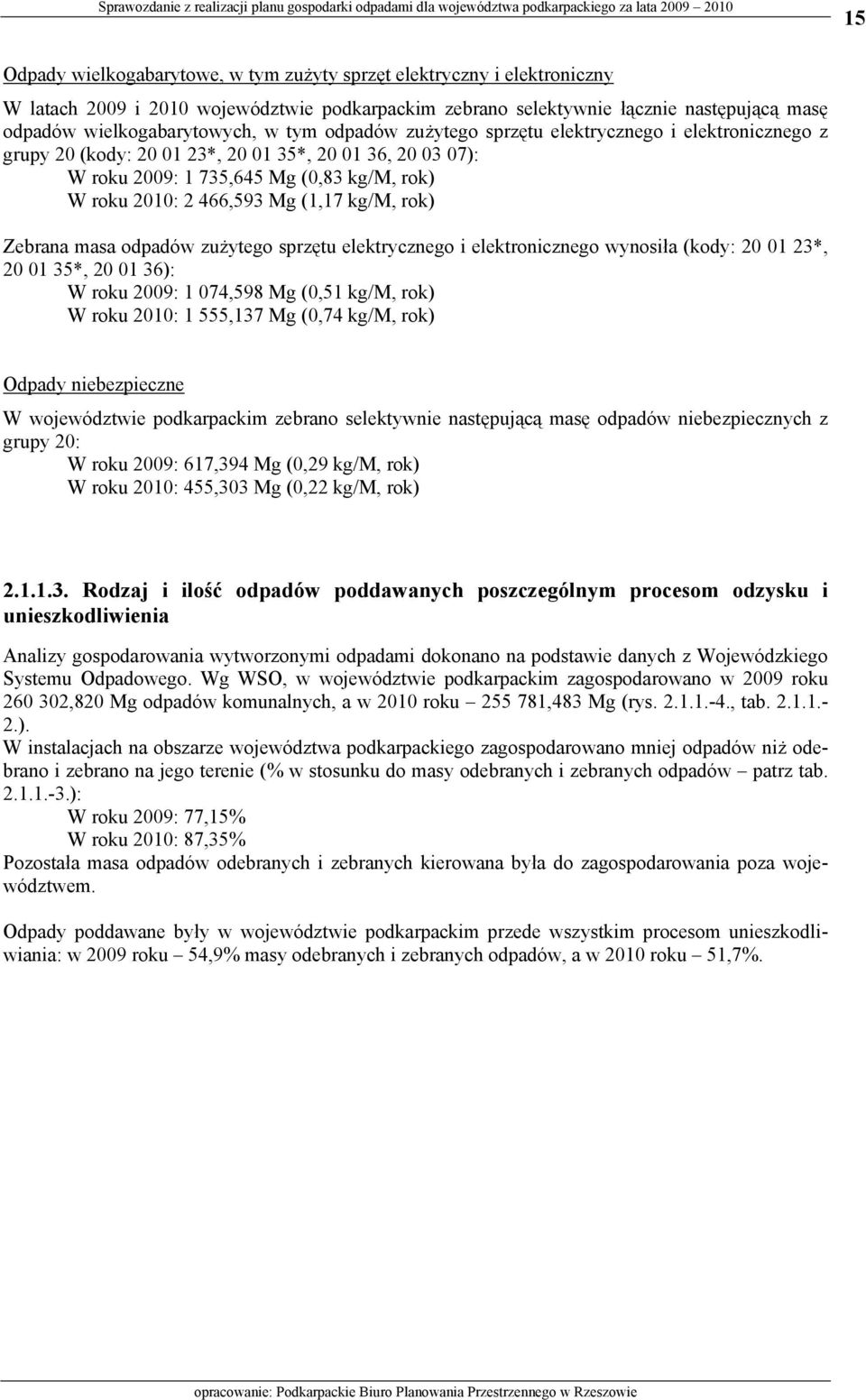 Zebrana masa zużytego sprzętu elektrycznego i elektronicznego wynosiła (kody: 20 01 23*, 20 01 35*, 20 01 36): W roku 2009: 1 074,598 Mg (0,51 kg/m, rok) W roku 2010: 1 555,137 Mg (0,74 kg/m, rok)