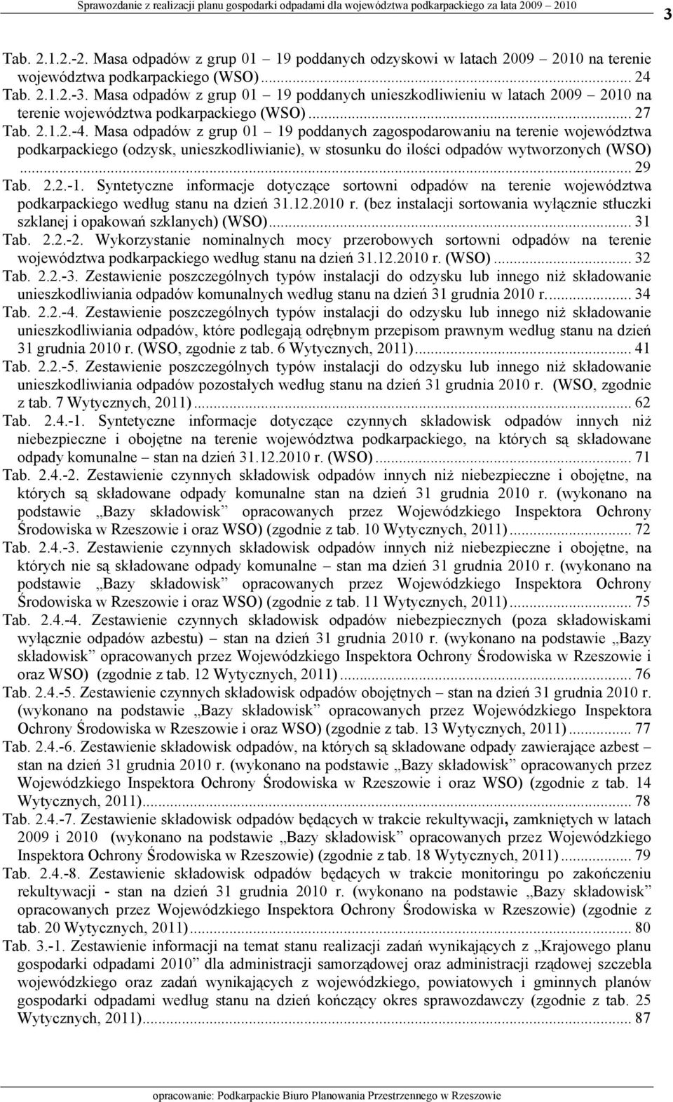 Masa z grup 01 19 poddanych zagospodarowaniu na terenie województwa podkarpackiego (odzysk, unieszkodliwianie), w stosunku do ilości wytworzonych (WSO)... 29 Tab. 2.2.-1.