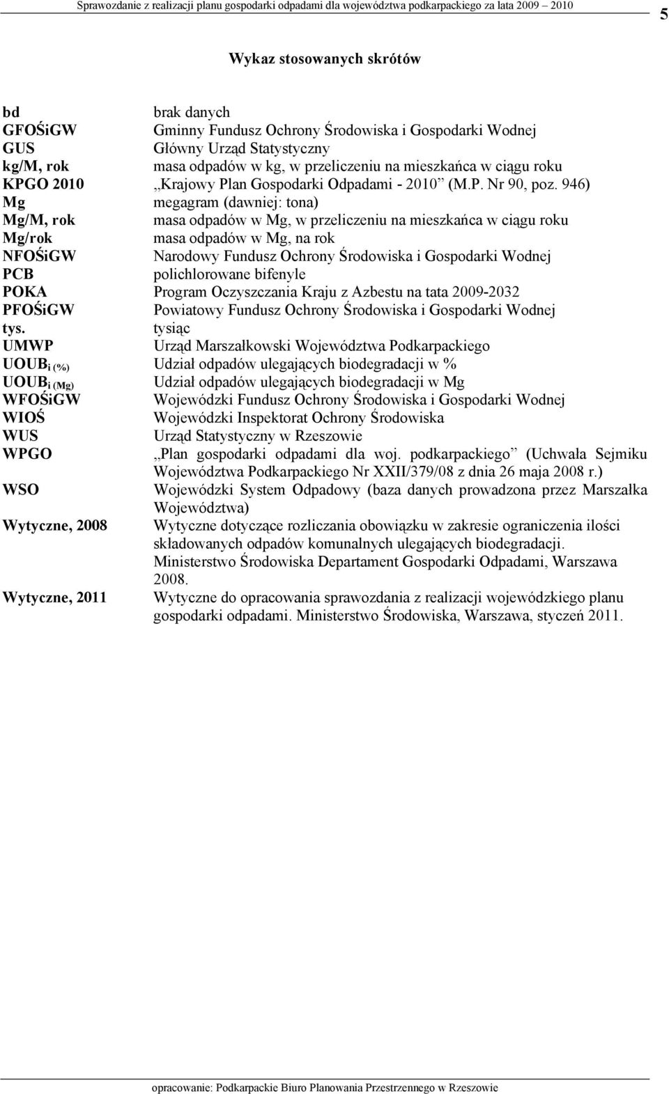 946) Mg megagram (dawniej: tona) Mg/M, rok masa w Mg, w przeliczeniu na mieszkańca w ciągu roku Mg/rok masa w Mg, na rok NFOŚiGW Narodowy Fundusz Ochrony Środowiska i Gospodarki Wodnej PCB