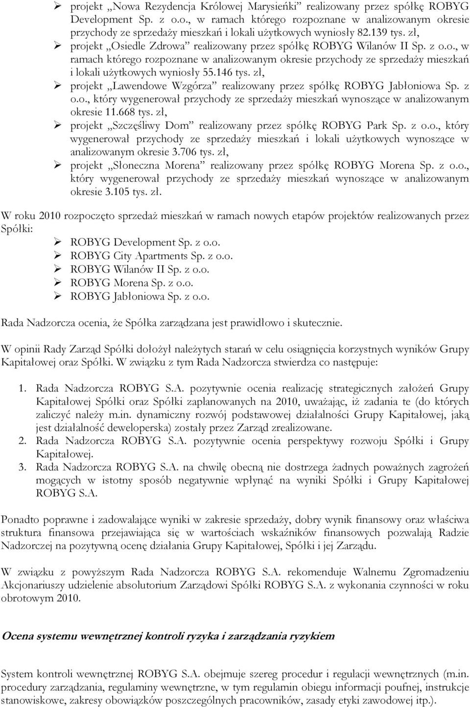 146 tys. zł, projekt Lawendowe Wzgórza realizowany przez spółkę ROBYG Jabłoniowa Sp. z o.o., który wygenerował przychody ze sprzedaży mieszkań wynoszące w analizowanym okresie 11.668 tys.