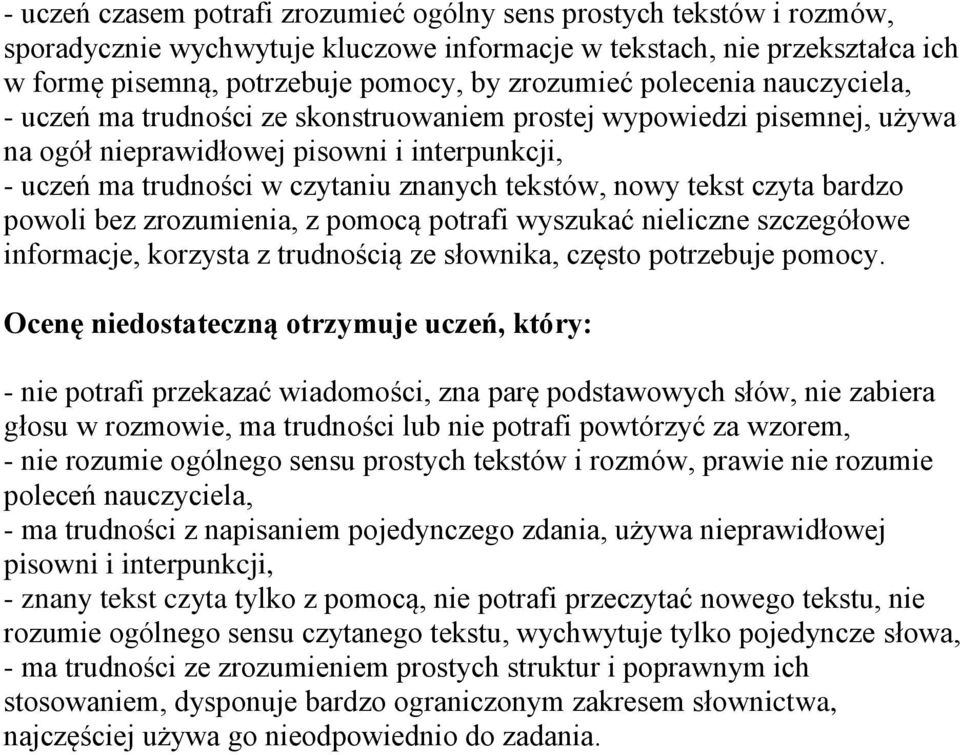 tekst czyta bardzo powoli bez zrozumienia, z pomocą potrafi wyszukać nieliczne szczegółowe informacje, korzysta z trudnością ze słownika, często potrzebuje pomocy.
