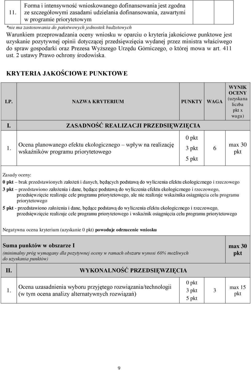 gospodarki oraz Prezesa Wyższego Urzędu Górniczego, o której mowa w art. 411 ust. 2 ustawy Prawo ochrony środowiska. KRYTERIA JAKOŚCIOWE PUNKTOWE LP.