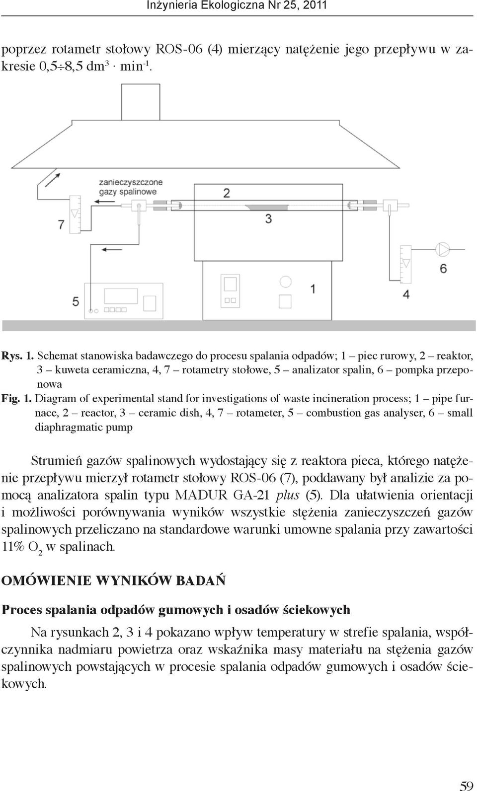 piec rurowy, 2 reaktor, 3 kuweta ceramiczna, 4, 7 rotametry stołowe, 5 analizator spalin, 6 pompka przeponowa Fig. 1.