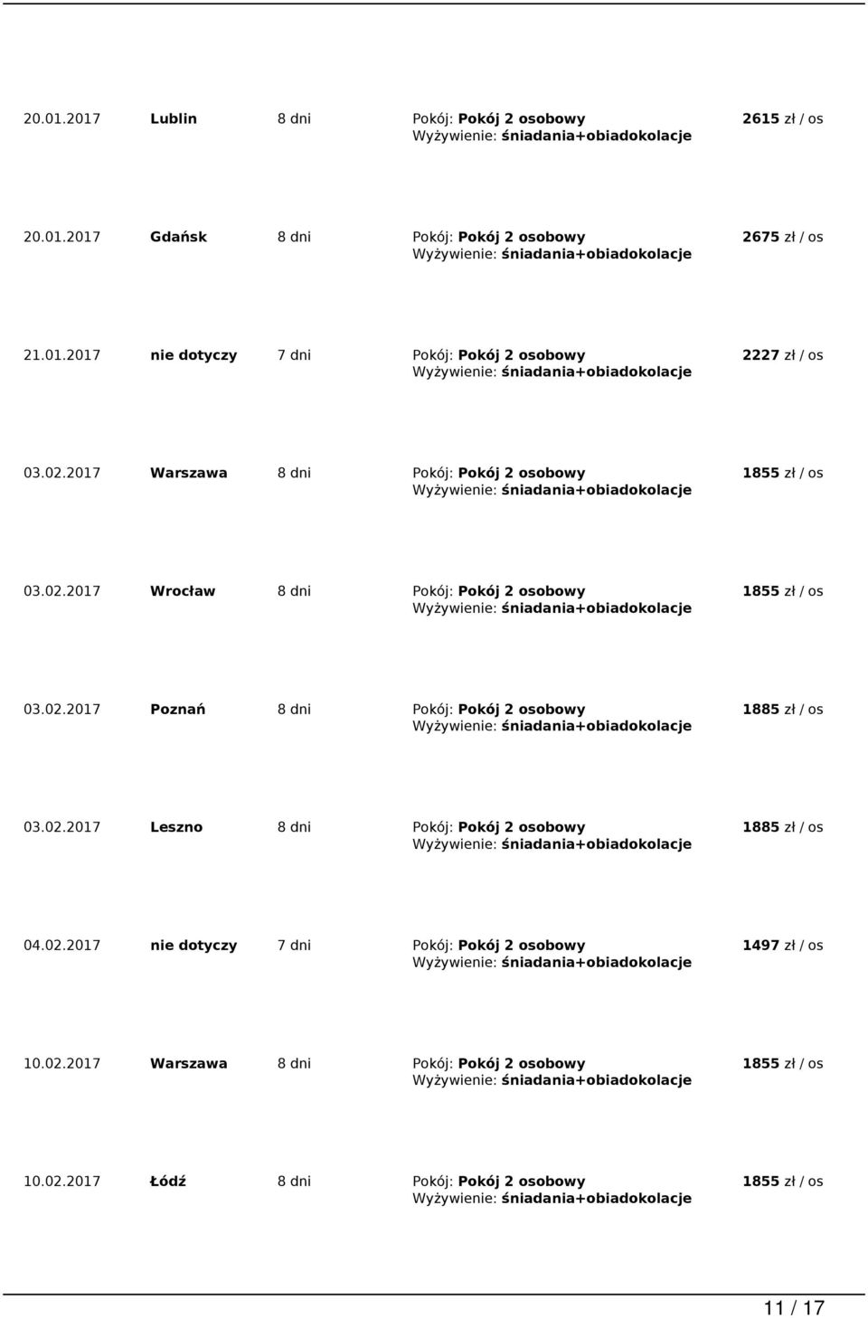 02.2017 Leszno 8 dni Pokój: Pokój 2 osobowy 1885 zł / os 04.02.2017 nie dotyczy 7 dni Pokój: Pokój 2 osobowy 1497 zł / os 10.02.2017 Warszawa 8 dni Pokój: Pokój 2 osobowy 10.