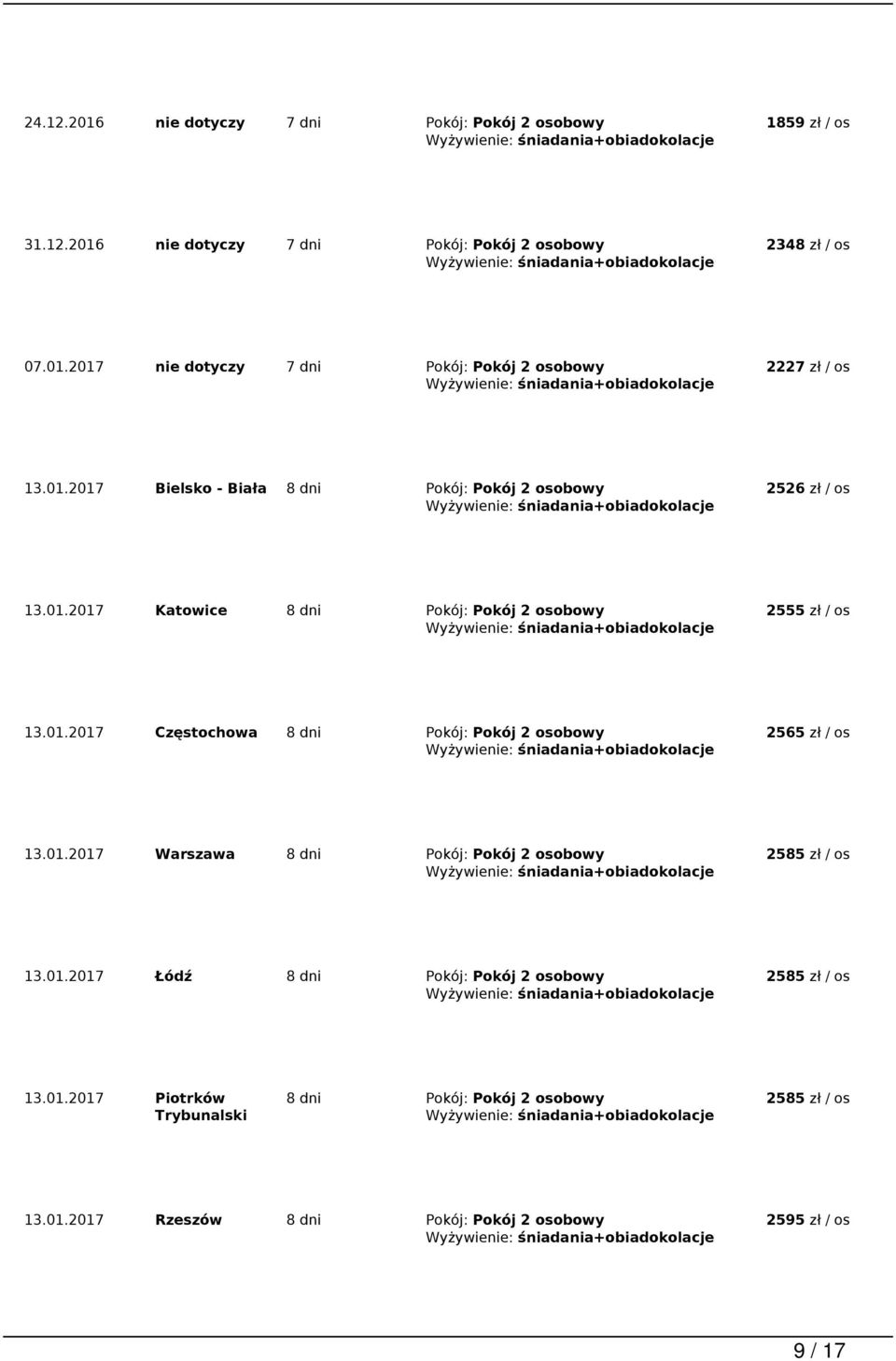 01.2017 Warszawa 8 dni Pokój: Pokój 2 osobowy 13.01.2017 Łódź 8 dni Pokój: Pokój 2 osobowy 13.01.2017 Piotrków Trybunalski 8 dni Pokój: Pokój 2 osobowy 13.