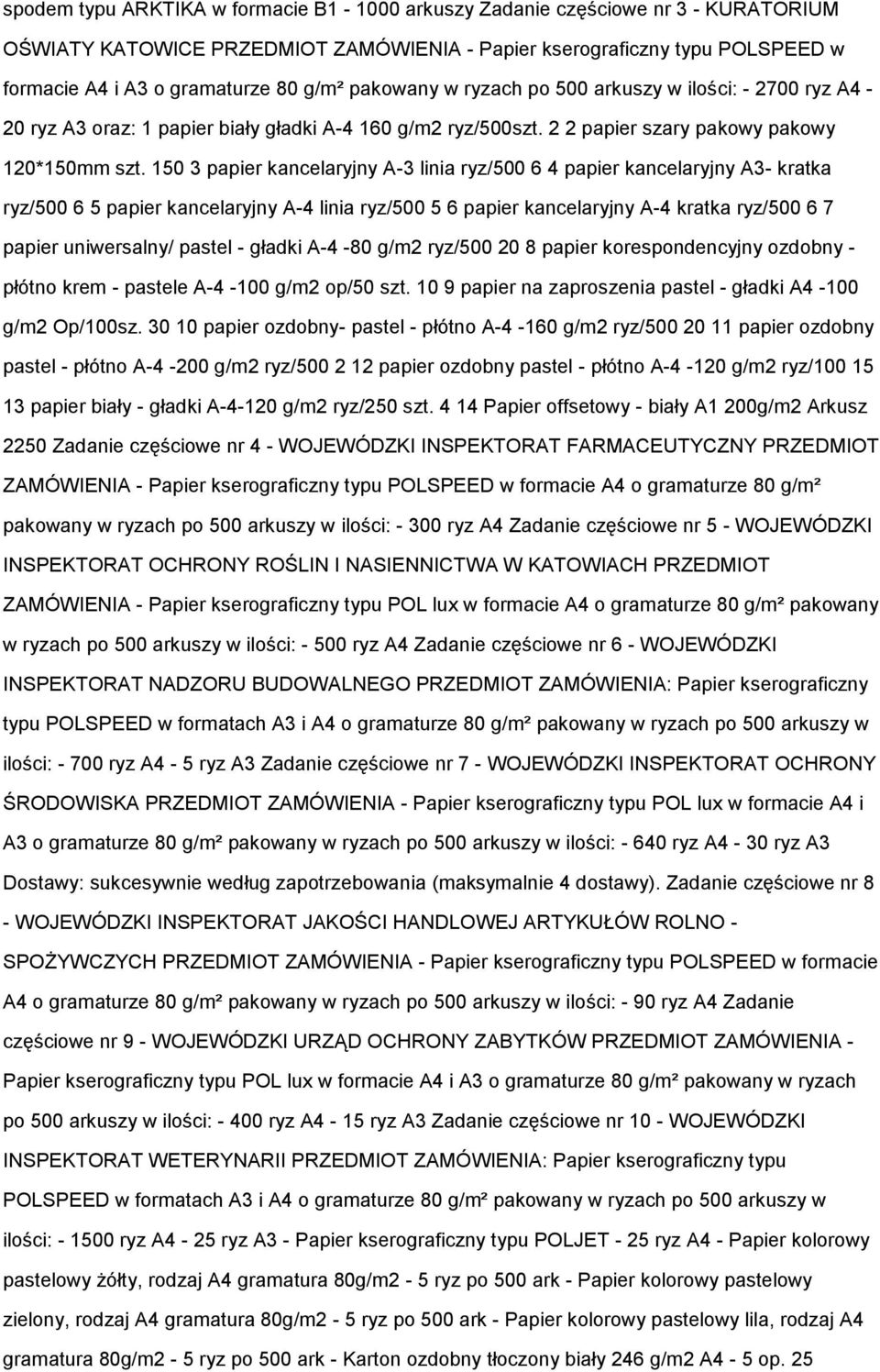 150 3 papier kancelaryjny A-3 linia ryz/500 6 4 papier kancelaryjny A3- kratka ryz/500 6 5 papier kancelaryjny A-4 linia ryz/500 5 6 papier kancelaryjny A-4 kratka ryz/500 6 7 papier uniwersalny/