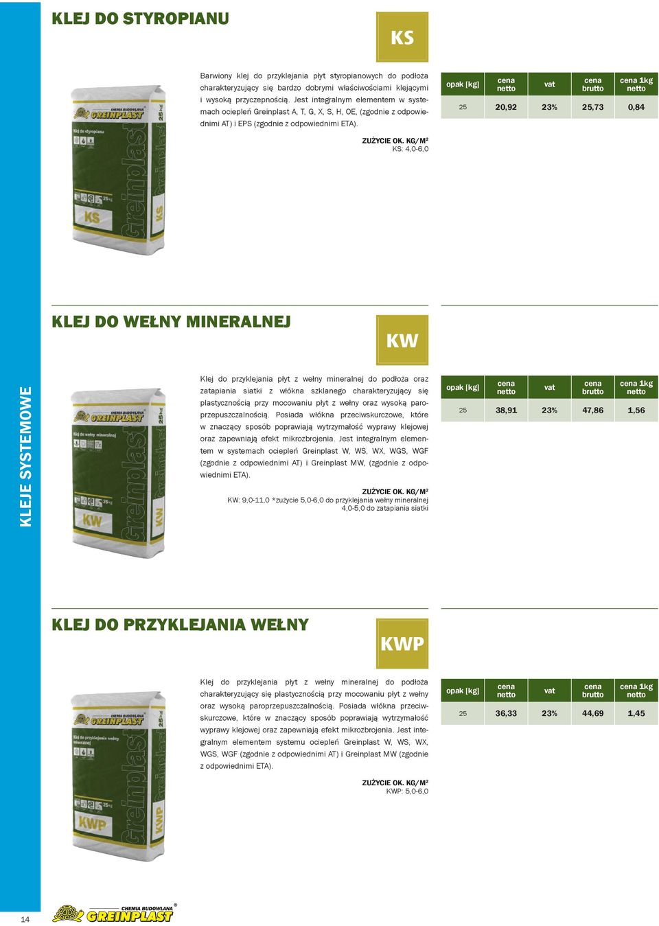 1kg 20,92,73 0,84 KS: 4,0-6,0 Klej do wełny mineralnej KW kleje systemowe Klej do przyklejania płyt z wełny mineralnej do podłoża oraz zatapiania siatki z włókna szklanego charakteryzujący się