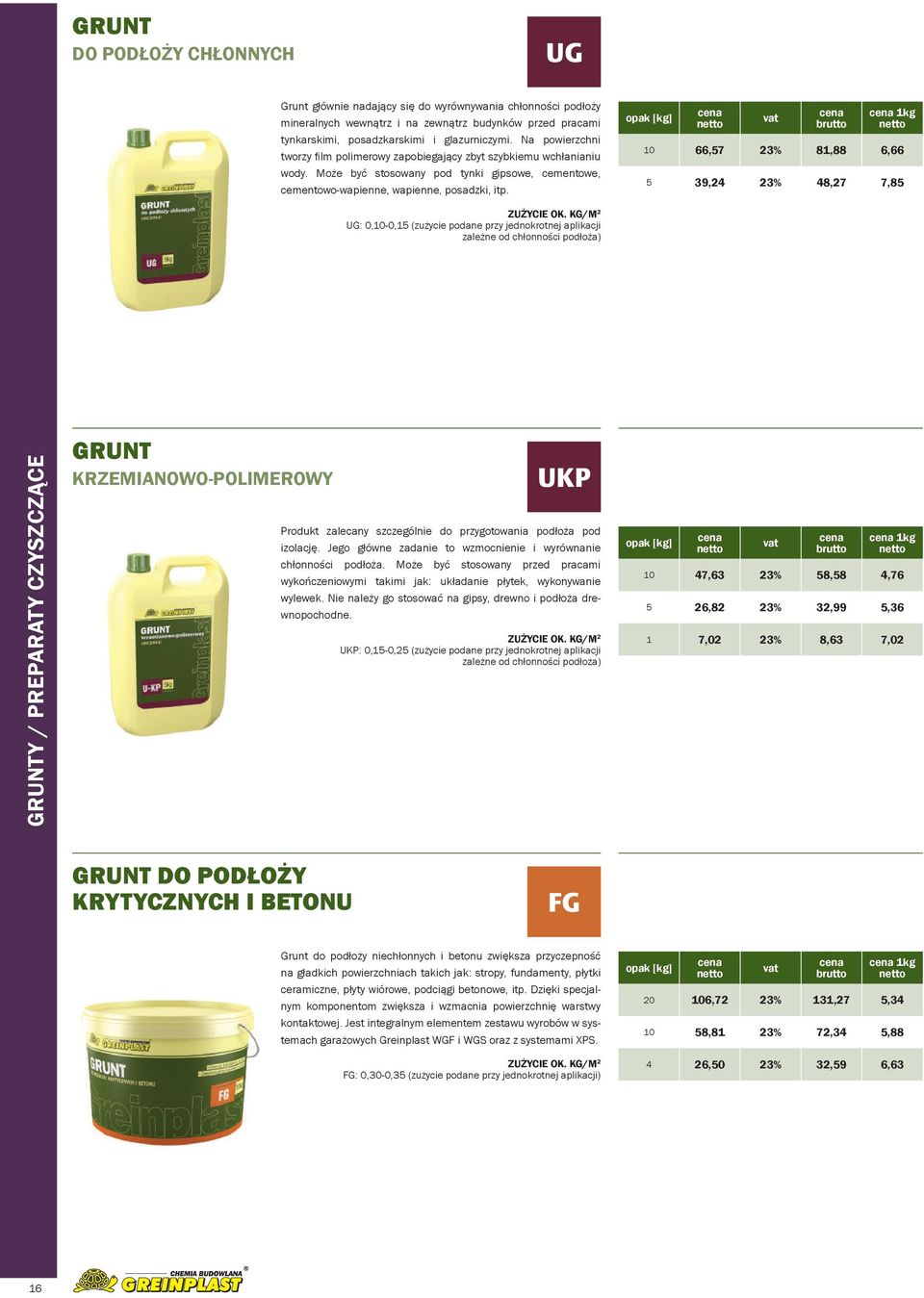 1kg 10 66,57 81,88 6,66 5 39,24 48,27 7,85 UG: 0,10-0,15 (zużycie podane przy jednokrotnej aplikacji zależne od chłonności podłoża) grunty / preparaty CZYSZCZĄCE Grunt KRZEMIANOWO-POLIMEROWY UKP