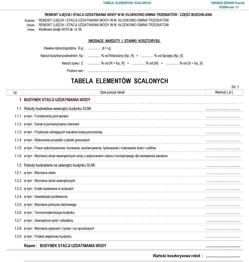 .. % od Sprzętu [Kp_S] Narzut zysku Z :... % od (R + Kp_R) +... % od (M) +... % od (S + Kp_S) Poziom cen :... TABELA ELEMENTÓW SCALONYCH Str. 1 Lp.