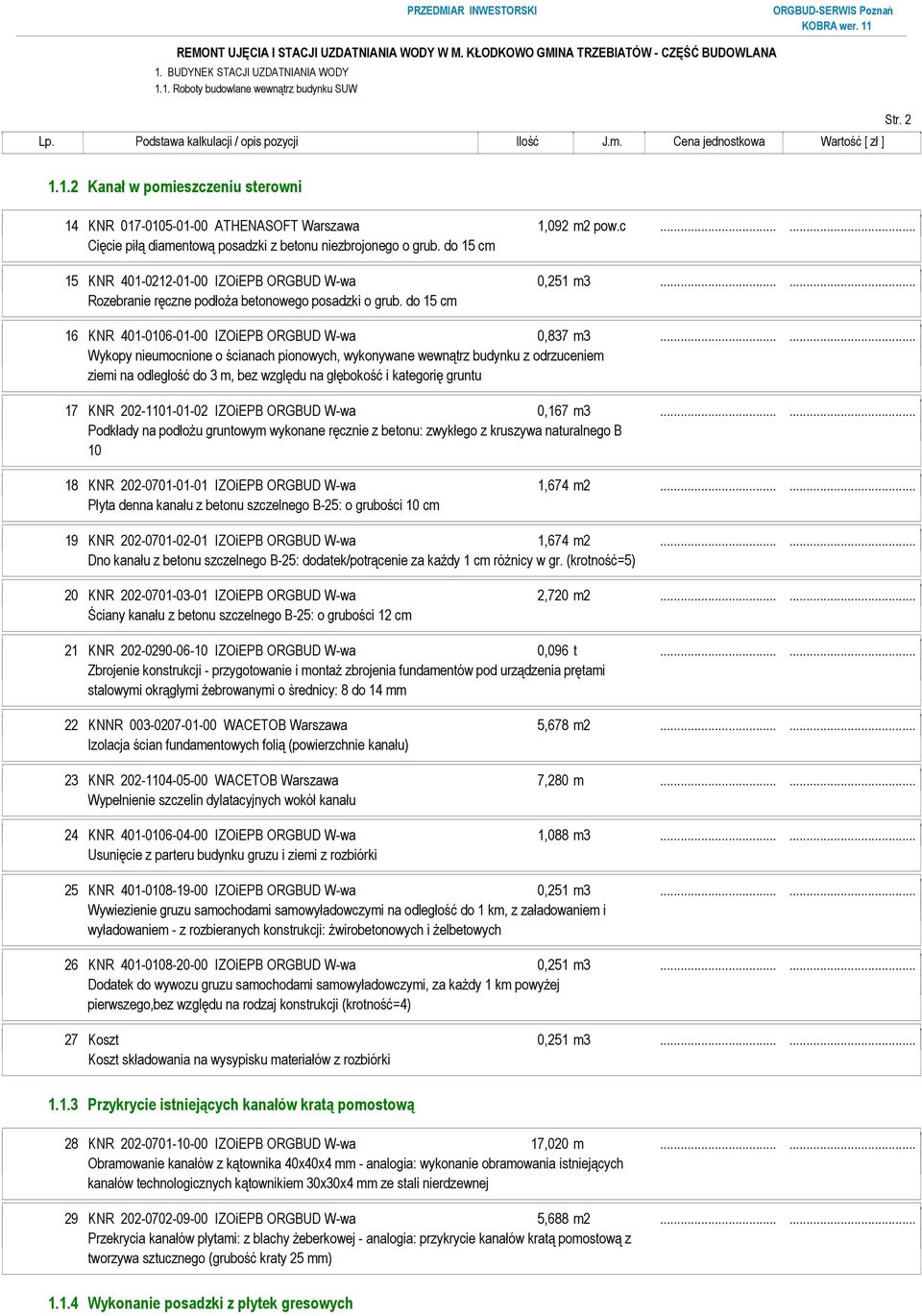 ..... Wykopy nieumocnione o ścianach pionowych, wykonywane wewnątrz budynku z odrzuceniem ziemi na odległość do 3 m, bez względu na głębokość i kategorię gruntu 17 KNR 202-1101-01-02 IZOiEPB ORGBUD