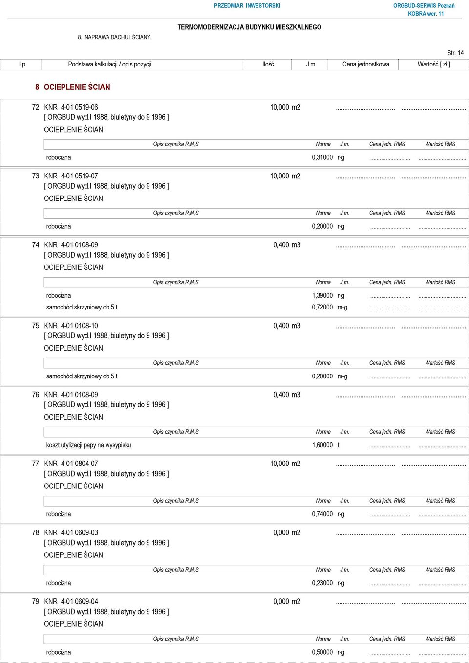 ..... samochód skrzyniowy do 5 t 0,20000 m-g...... 76 KNR 4-01 0108-09 0,400 m3...... koszt utylizacji papy na wysypisku 1,60000 t.