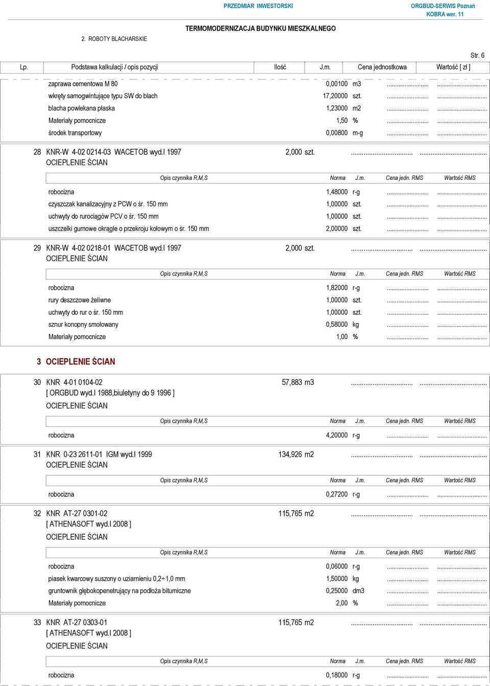 150 mm 1,00000 szt....... uszczelki gumowe okrągłe o przekroju kołowym o śr. 150 mm 2,00000 szt....... 29 KNR-W 4-02 0218-01 WACETOB wyd.i 1997 2,000 szt....... robocizna 1,82000 r-g.