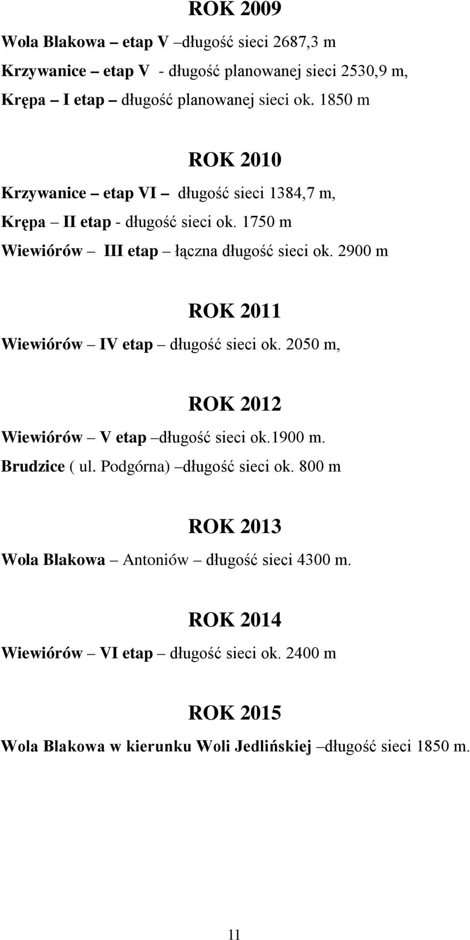 2900 m ROK 2011 Wiewiórów IV etap długość sieci ok. 2050 m, ROK 2012 Wiewiórów V etap długość sieci ok.1900 m. Brudzice ( ul. Podgórna) długość sieci ok.