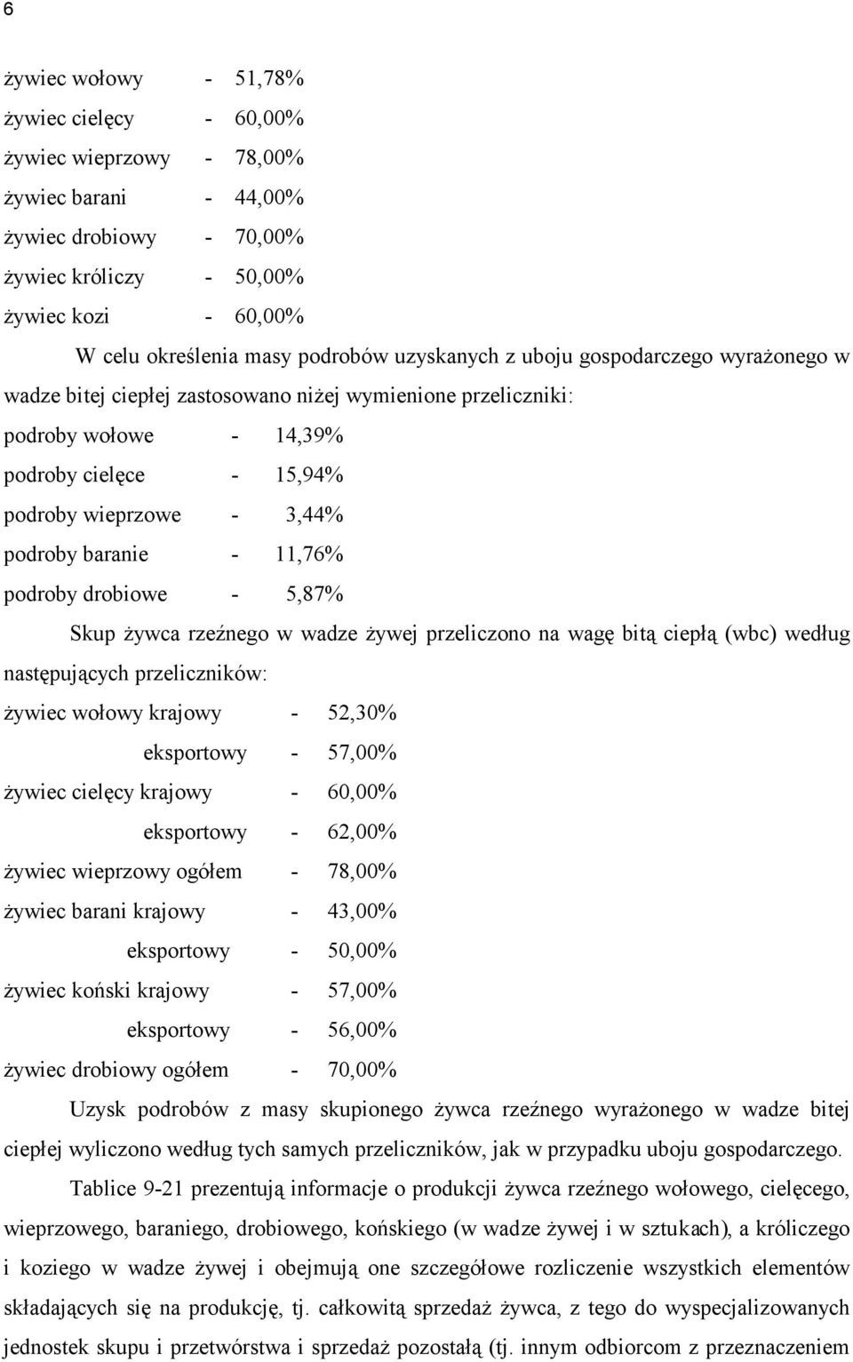 podroby baranie - 11,76% podroby drobiowe - 5,87% Skup żywca rzeźnego w wadze żywej przeliczono na wagę bitą ciepłą (wbc) według następujących przeliczników: żywiec wołowy krajowy - 52,30% eksportowy