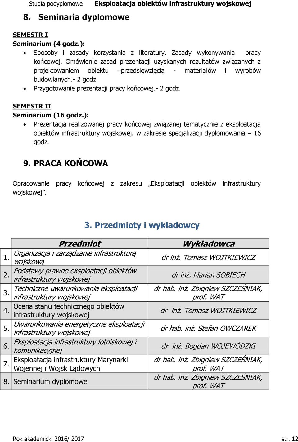 ): Prezentacja realizowanej pracy końcowej związanej tematycznie z eksploatacją obiektów infrastruktury wojskowej. w zakresie specjalizacji dyplomowania 16 godz. 9.
