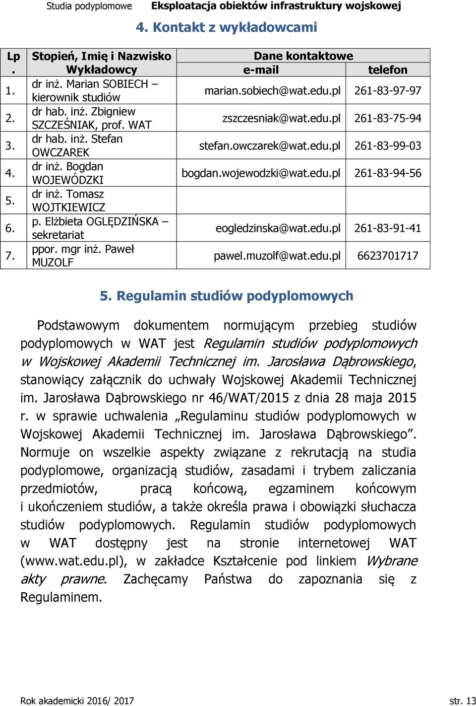 owczarek@wat.edu.pl 261-83-99-03 bogdan.wojewodzki@wat.edu.pl 261-83-94-56 eogledzinska@wat.edu.pl 261-83-91-41 pawel.muzolf@wat.edu.pl 6623701717 5.