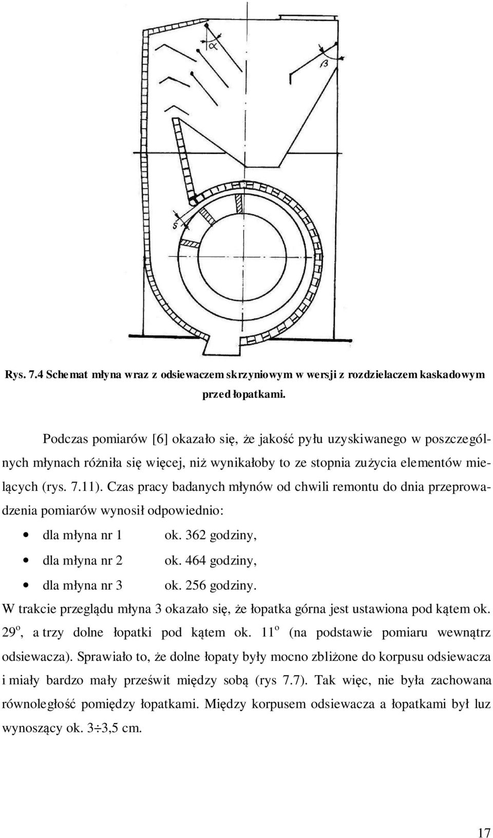 Czas pracy badanych młynów od chwili remontu do dnia przeprowadzenia pomiarów wynosił odpowiednio: dla młyna nr 1 ok. 362 godziny, dla młyna nr 2 ok. 464 godziny, dla młyna nr 3 ok. 256 godziny.