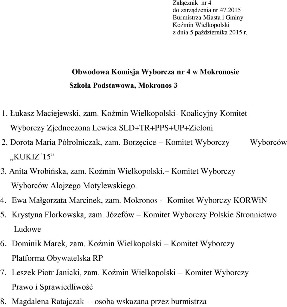 Ewa Małgorzata Marcinek, zam. Mokronos - Komitet Wyborczy KORWiN 5. Krystyna Florkowska, zam. Józefów Komitet Wyborczy Polskie Stronnictwo 6.