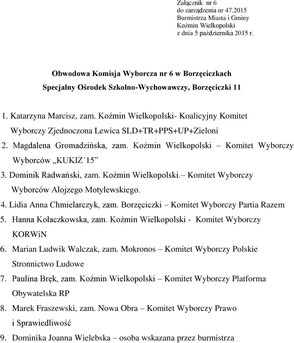 Borzęciczki Komitet Wyborczy Partia Razem 5. Hanna Kołaczkowska, zam. - Komitet Wyborczy KORWiN 6. Marian Ludwik Walczak, zam.