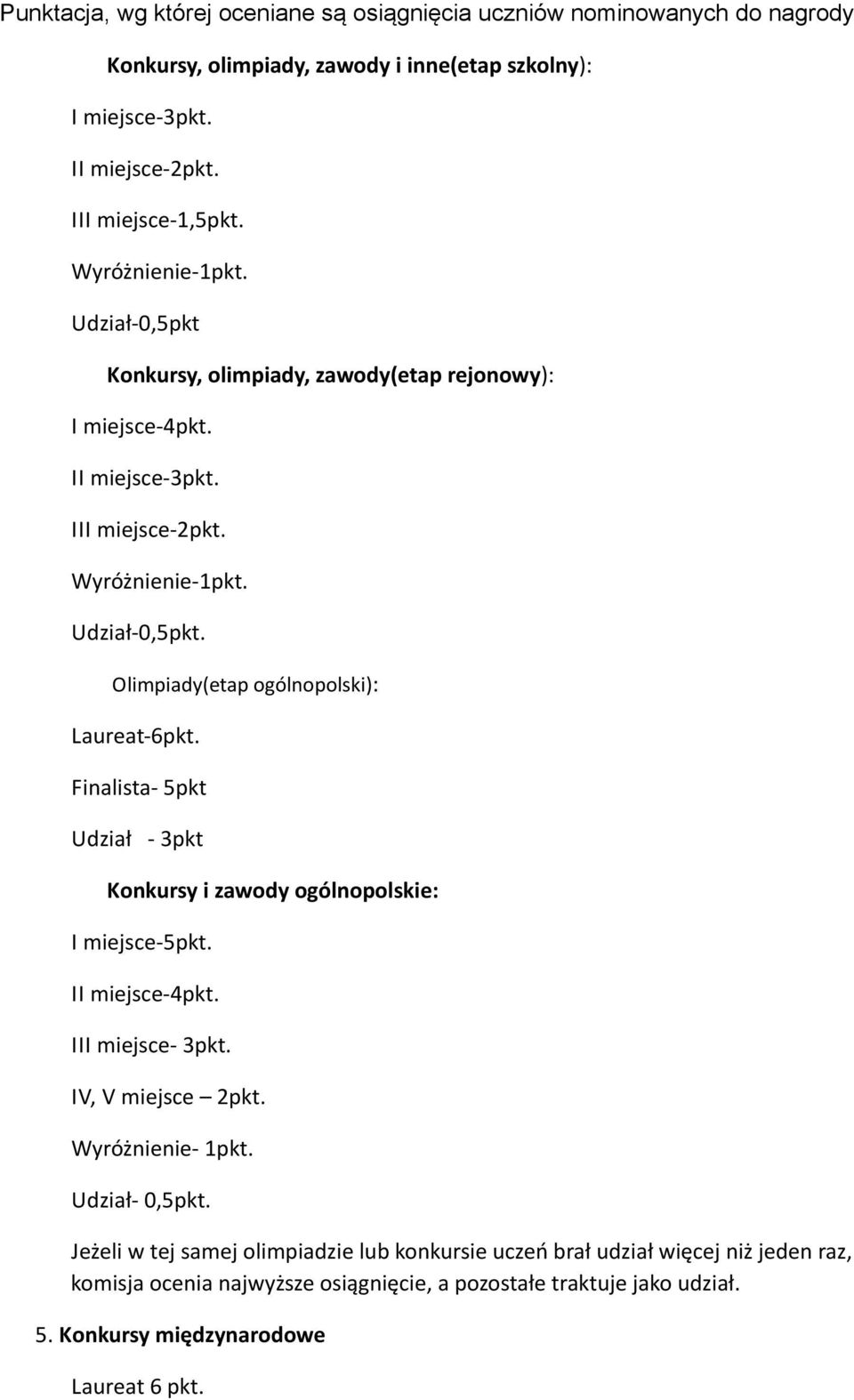 Finalista- 5pkt Udział - 3pkt Konkursy i zawody ogólnopolskie: I miejsce- 5pkt. II miejsce- 4pkt. III miejsce- 3pkt. IV, V miejsce 2pkt. Wyróżnienie- 1pkt. Udział- 0,5pkt.