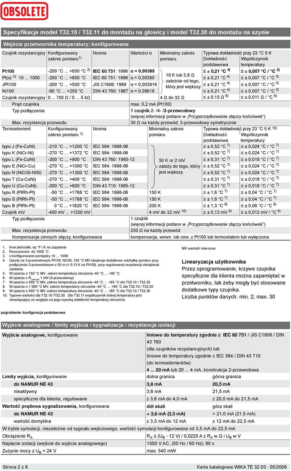 Dokładność Współczynnik podstawowa temperatury ± 0,21 C 4) ± 0,007 C / C 5) Pt100-200 C... +850 C 2) IEC 60 751: 1996 α = 0,00385 10 K lub 3,8 Ω Pt(x) 3) 10... 1000-200 C.