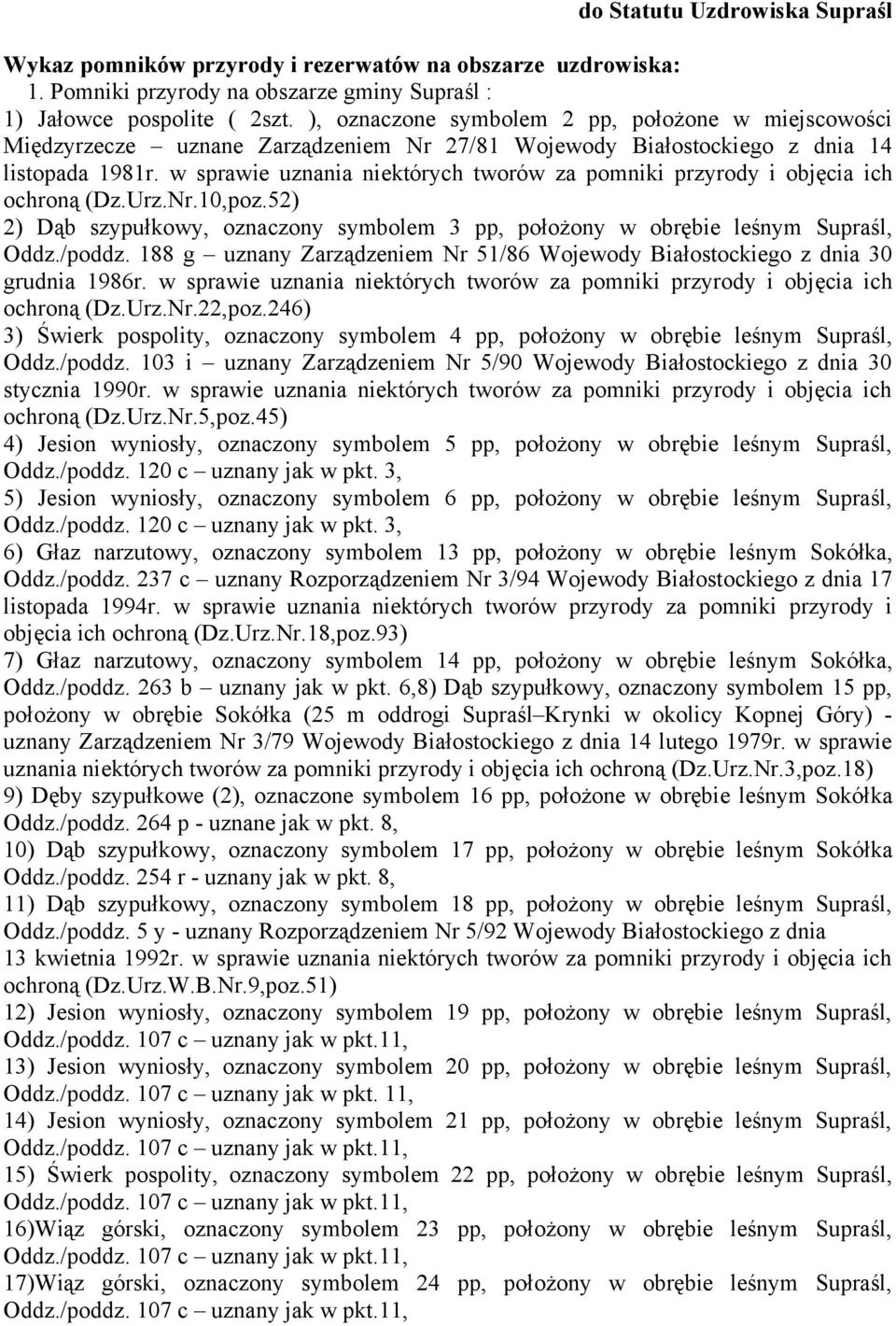 w sprawie uznania niektórych tworów za pomniki przyrody i objęcia ich ochroną (Dz.Urz.Nr.10,poz.52) 2) Dąb szypułkowy, oznaczony symbolem 3 pp, położony w obrębie leśnym Supraśl, Oddz./poddz.