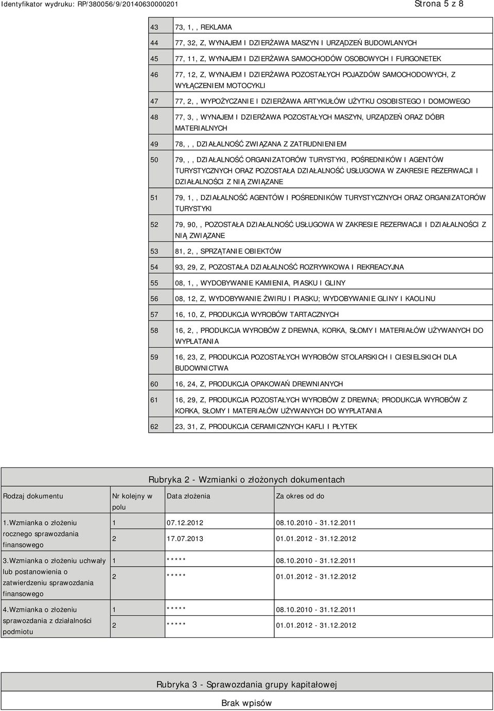 DÓBR MATERIALNYCH 49 78,,, DZIAŁALNOŚĆ ZWIĄZANA Z ZATRUDNIENIEM 50 79,,, DZIAŁALNOŚĆ ORGANIZATORÓW TURYSTYKI, POŚREDNIKÓW I AGENTÓW TURYSTYCZNYCH ORAZ POZOSTAŁA DZIAŁALNOŚĆ USŁUGOWA W ZAKRESIE