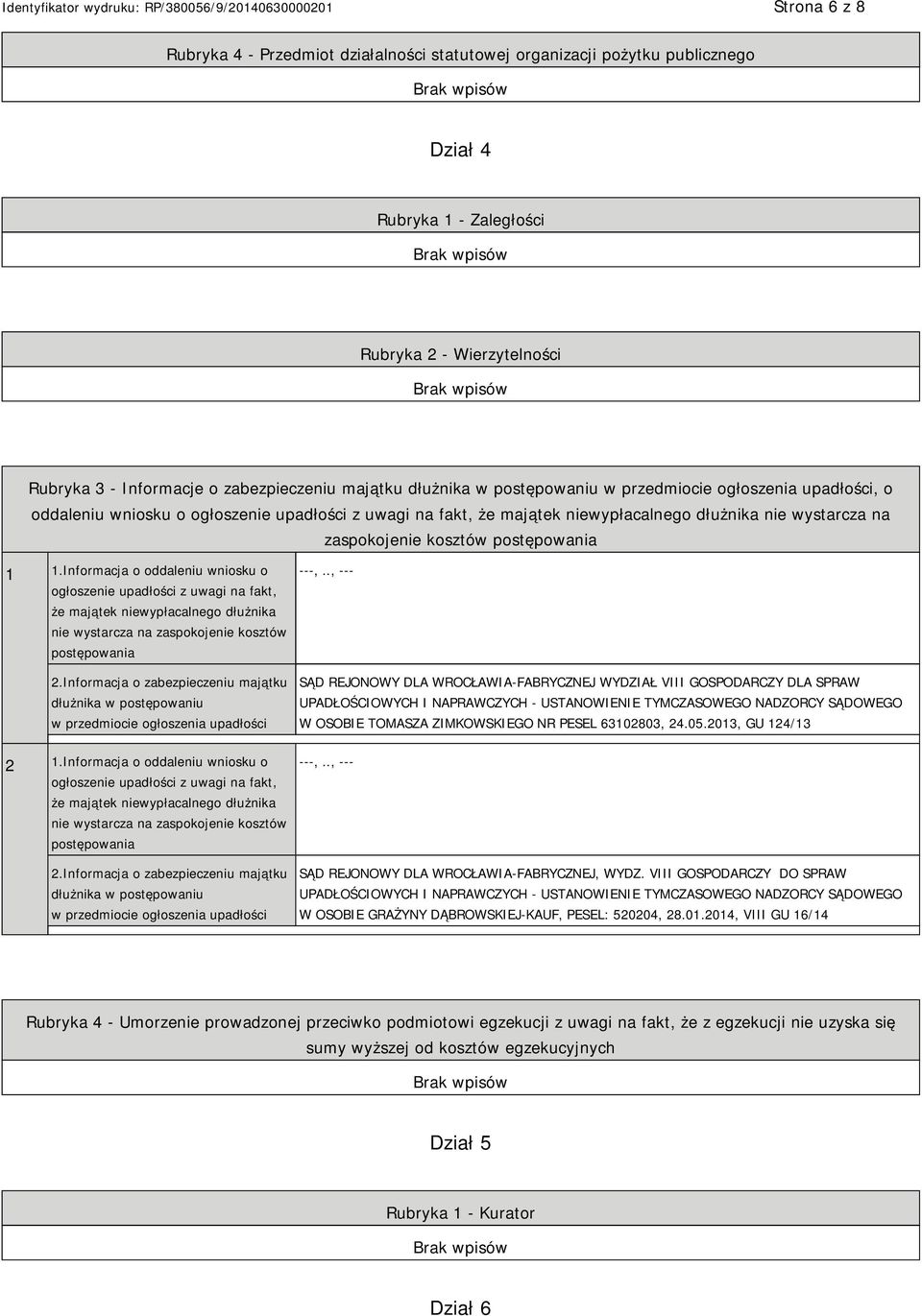 postępowania 1 1.Informacja o oddaleniu wniosku o ogłoszenie upadłości z uwagi na fakt, że majątek niewypłacalnego dłużnika nie wystarcza na zaspokojenie kosztów postępowania 2.