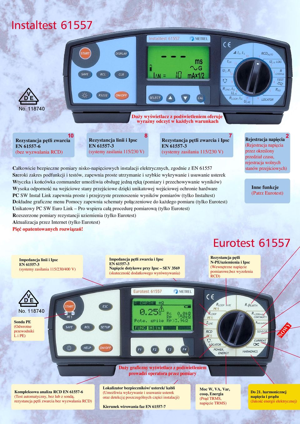 Rezystancja pętli zwarcia i Ipsc (systemy zasilania 115/230 V) Całkowicie bezpieczne pomiary nisko-napięciowych instalacji elektrycznych, zgodnie z EN 61557 Szeroki zakres podfunkcji i testów,