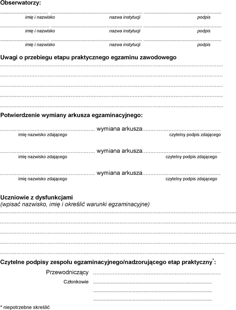 ........ imię i nazwisko nazwa instytucji Uwagi o przebiegu etapu praktycznego egzaminu zawodowego Potwierdzenie wymiany arkusza egzaminacyjnego:... wymiana arkusza.