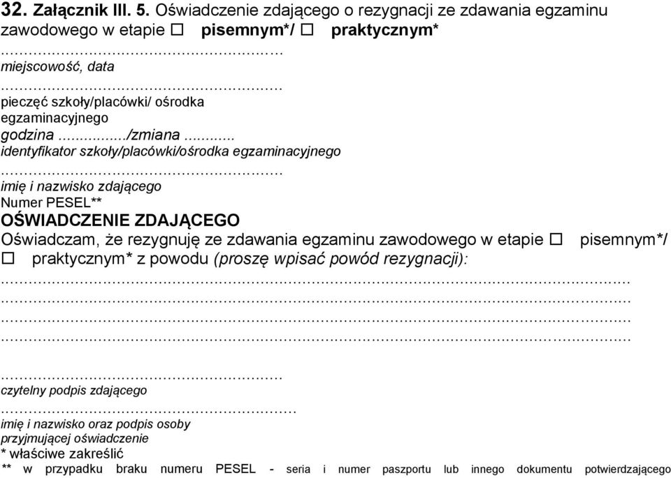 .. imię i nazwisko zdającego Numer PESEL** OŚWIADCZENIE ZDAJĄCEGO Oświadczam, że rezygnuję ze zdawania egzaminu zawodowego w etapie pisemnym*/ praktycznym* z powodu