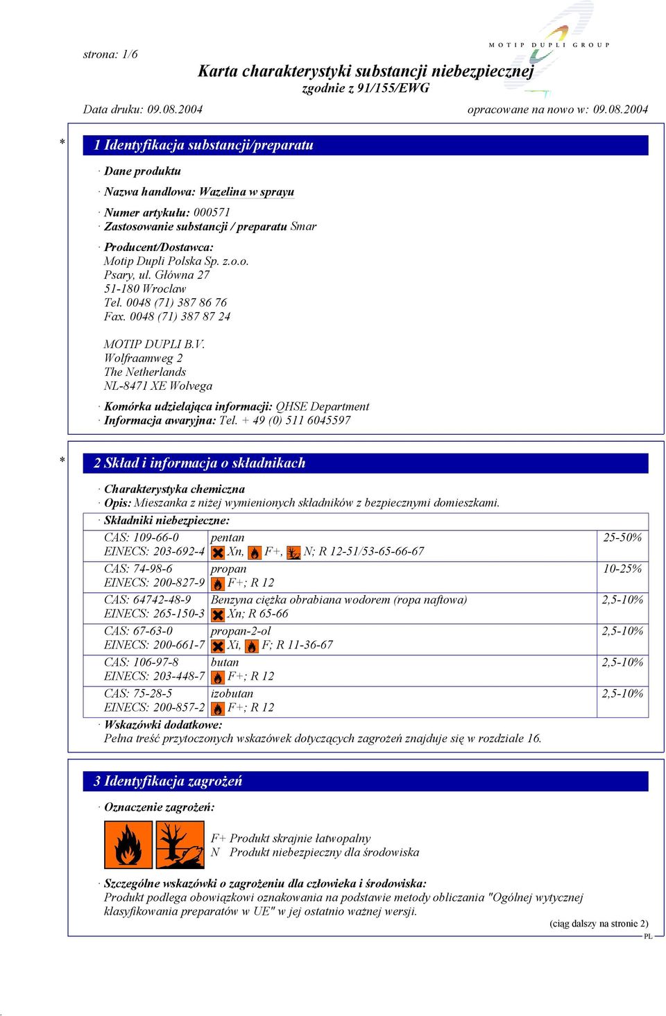 Wolfraamweg 2 The Netherlands NL-8471 XE Wolvega Komórka udzielająca informacji: QHSE Department Informacja awaryjna: Tel.