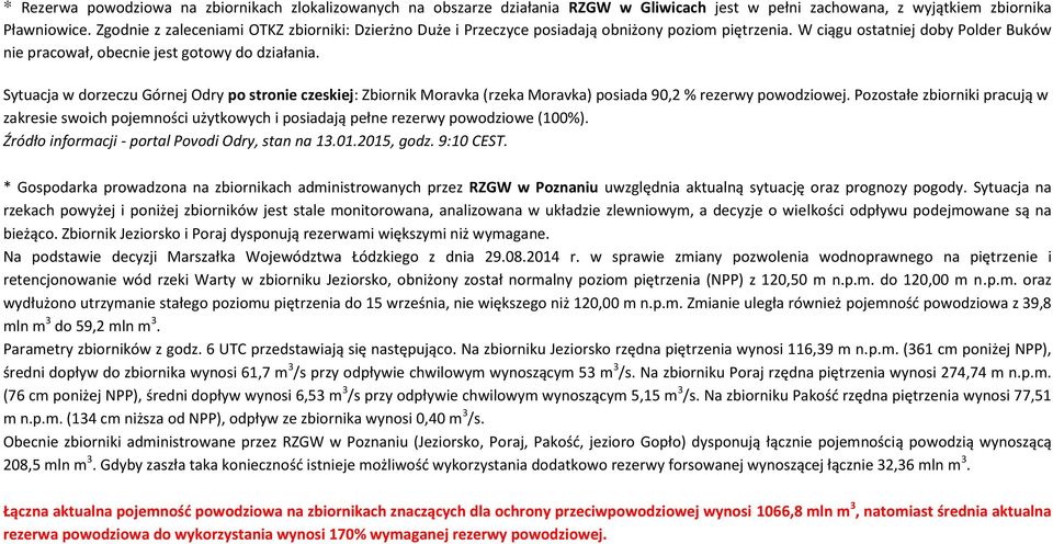 Sytuacja w dorzeczu Górnej Odry po stronie czeskiej: Zbiornik Moravka (rzeka Moravka) posiada 90,2 % rezerwy powodziowej.