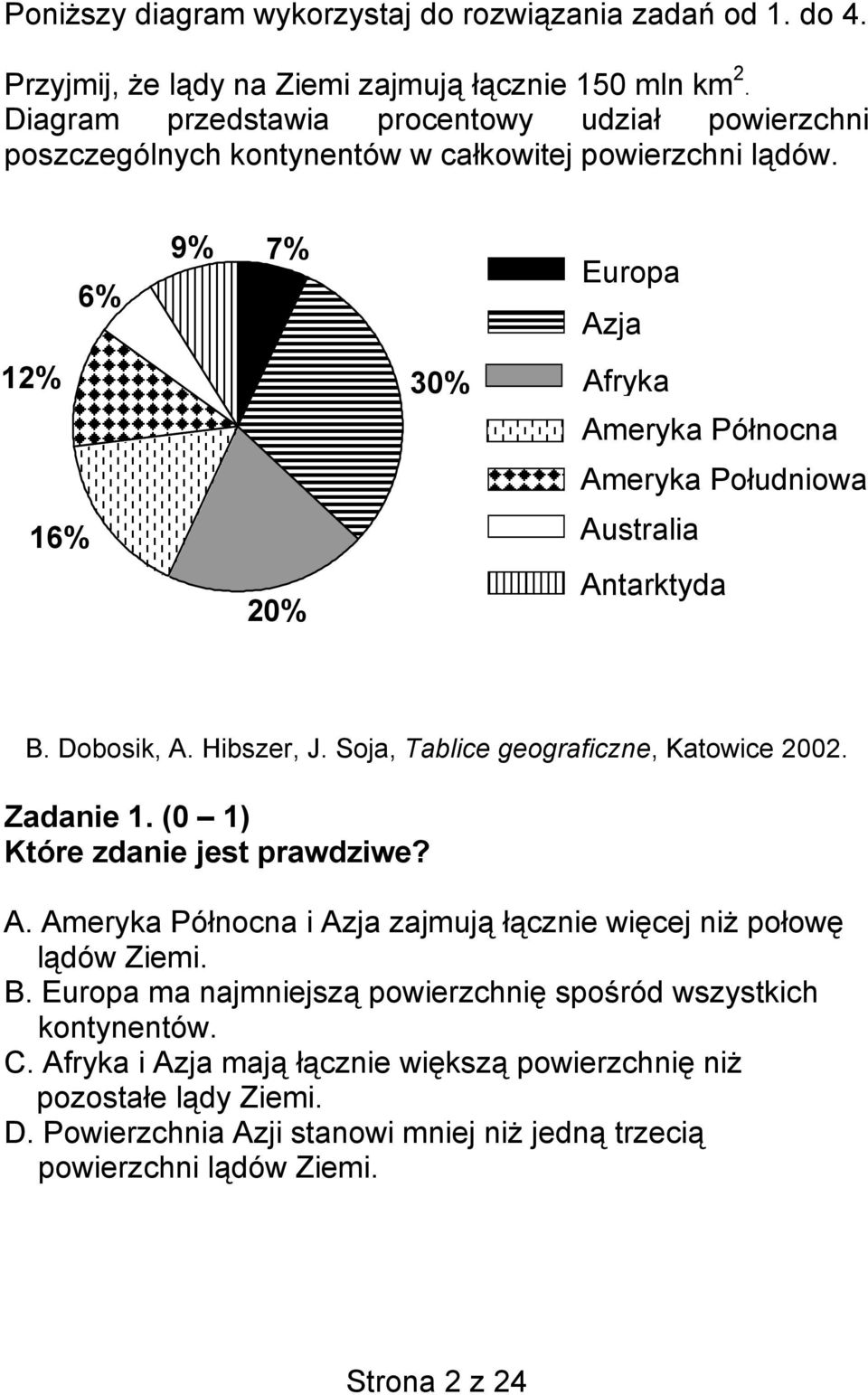 6% 9% 7% Europa Azja 12% 30% Afryka Ameryka Północna Ameryka Południowa 16% Australia 20% Antarktyda B. Dobosik, A. Hibszer, J. Soja, Tablice geograficzne, Katowice 2002. Zadanie 1.