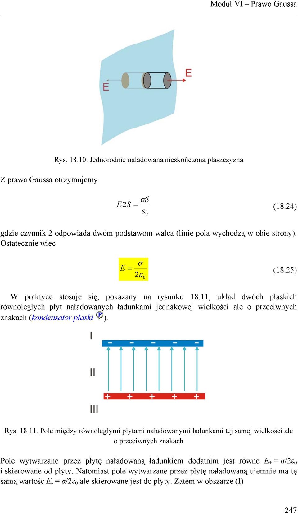 11, układ dwóch płaskich ównoległych płyt naładowanych ładunkami jednakowej wielkości ale o pzeciwnych znakach (kondensato płaski ). Rys. 18.11. Pole między ównoległymi płytami