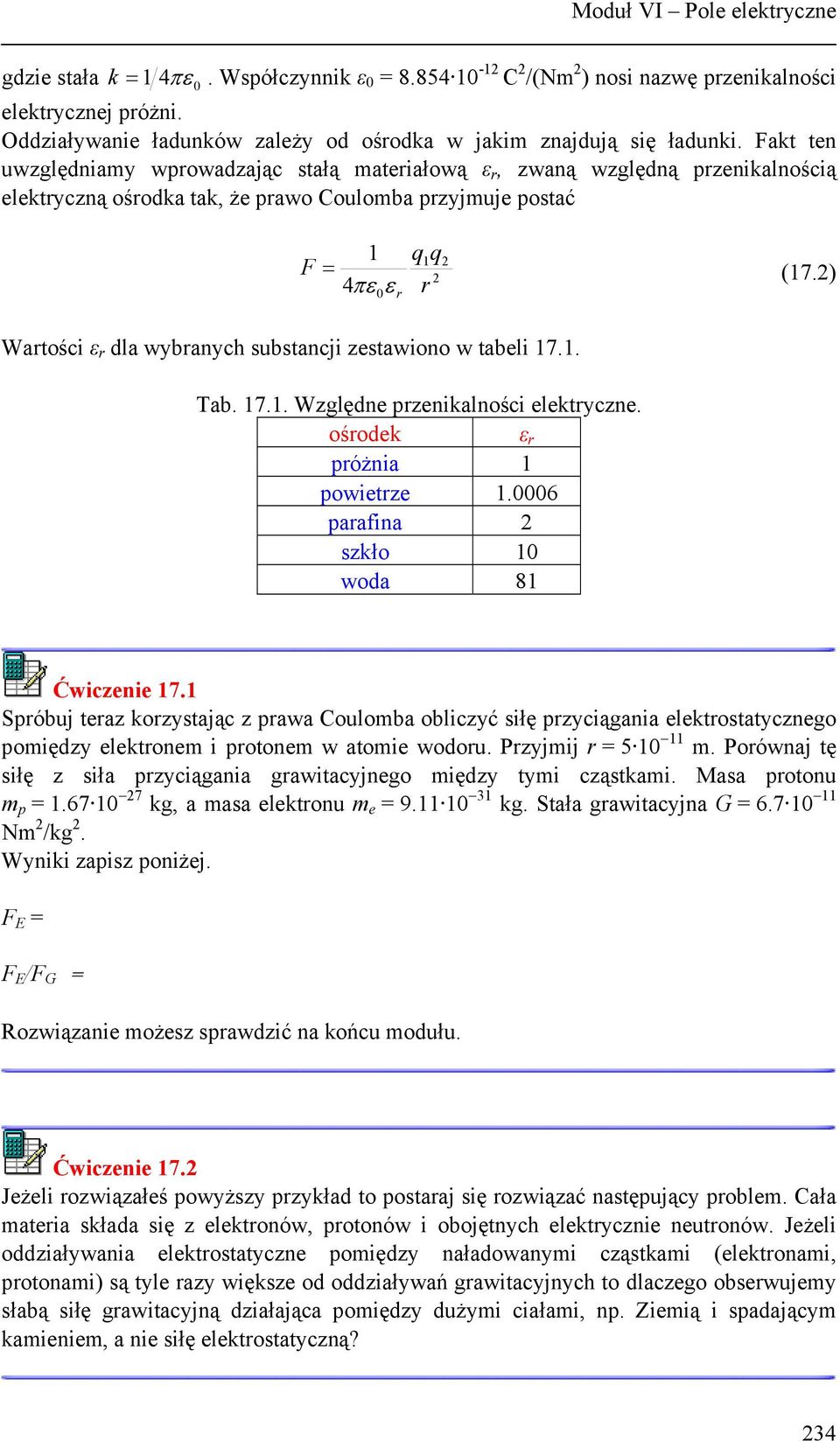 ) 4πε ε Watości ε dla wybanych substancji zestawiono w tabeli 17.1. Tab. 17.1. Względne pzenikalności elektyczne. ośodek ε póżnia 1 powietze 1.6 paafina szkło 1 woda 81 Ćwiczenie 17.