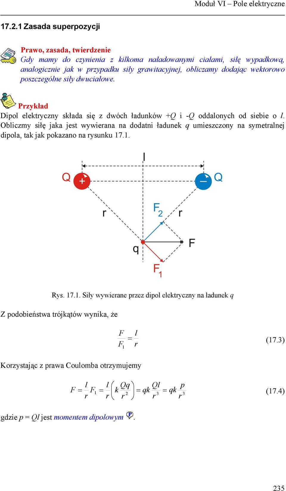 obliczamy dodając wektoowo poszczególne siły dwuciałowe. Pzykład Dipol elektyczny składa się z dwóch ładunków +Q i -Q oddalonych od siebie o l.