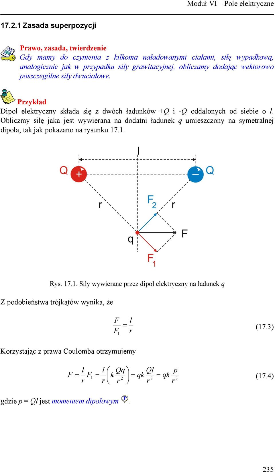 obliczamy dodając wektoowo poszczególne siły dwuciałowe. Pzykład Dipol elektyczny składa się z dwóch ładunków +Q i -Q oddalonych od siebie o l.