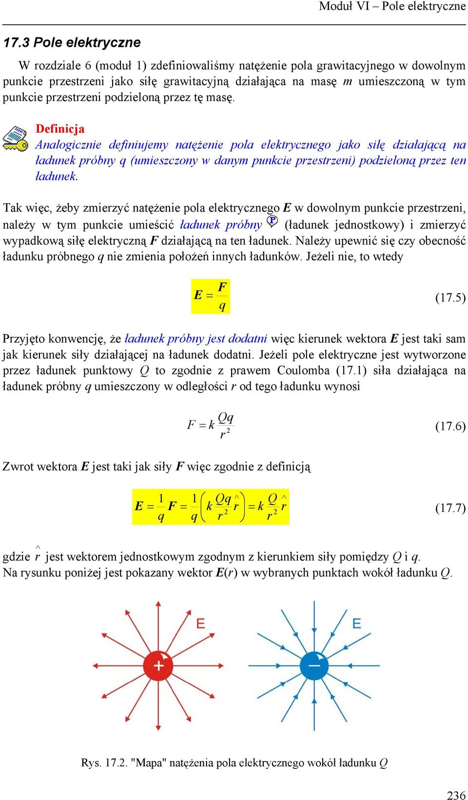 podzieloną pzez tę masę. Definicja Analogicznie definiujemy natężenie pola elektycznego jako siłę działającą na ładunek póbny (umieszczony w danym punkcie pzestzeni) podzieloną pzez ten ładunek.