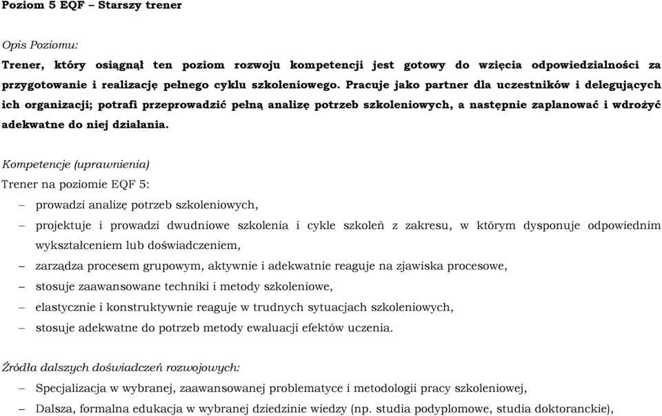 Kompetencje (uprawnienia) Trener na poziomie EQF 5: prowadzi analizę potrzeb szkoleniowych, projektuje i prowadzi dwudniowe szkolenia i cykle szkoleń z zakresu, w którym dysponuje odpowiednim