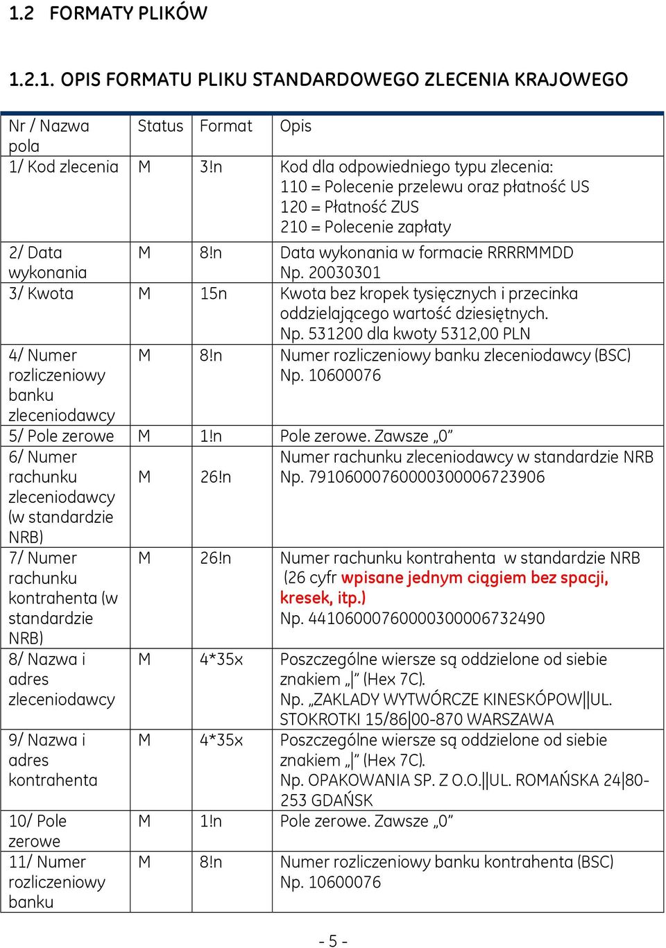 20030301 3/ Kwota M 15n Kwota bez kropek tysięcznych i przecinka oddzielającego wartość dziesiętnych. Np. 531200 dla kwoty 5312,00 PLN 4/ Numer rozliczeniowy banku zleceniodawcy M 8!