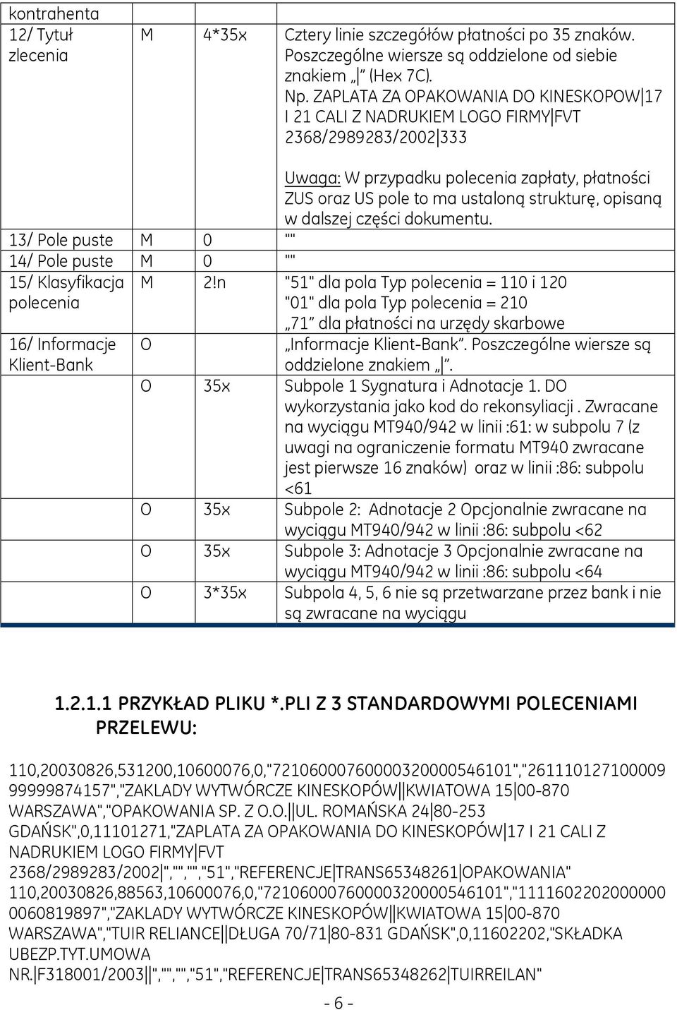 dalszej części dokumentu. 13/ Pole puste M 0 "" 14/ Pole puste M 0 "" 15/ Klasyfikacja polecenia 16/ Informacje Klient-Bank M 2!